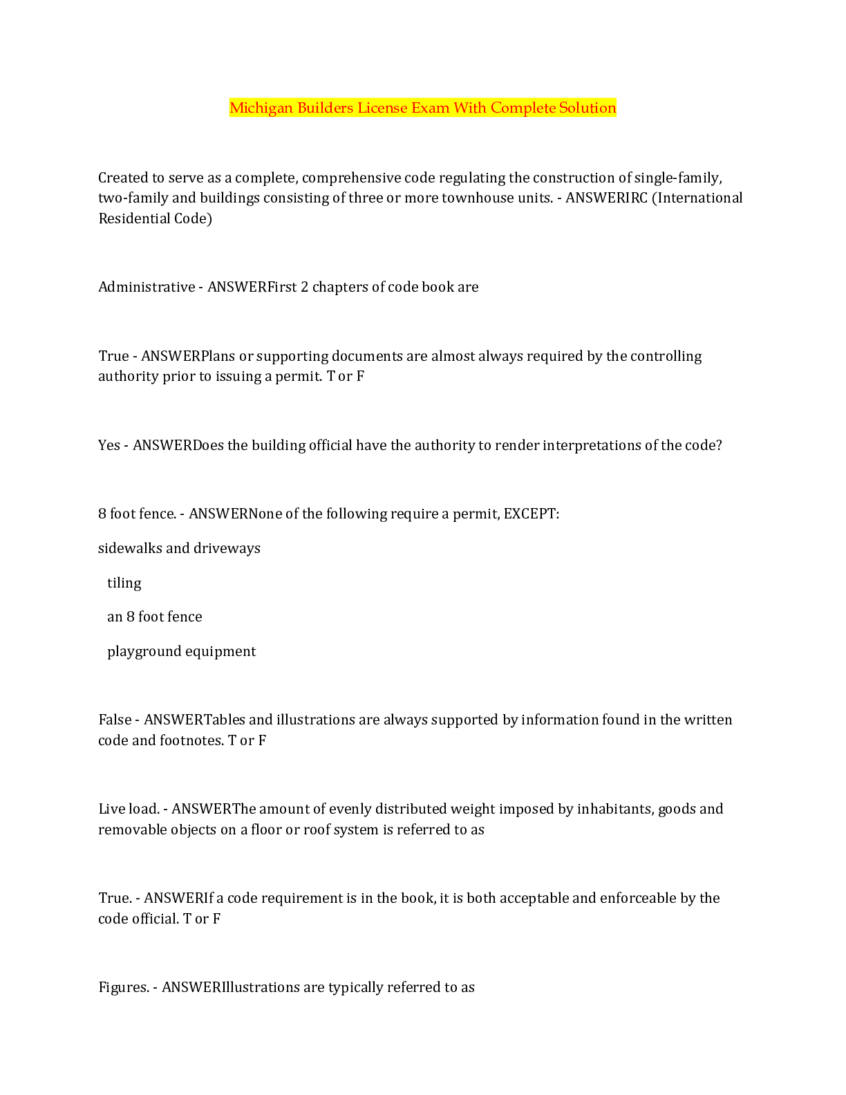 Michigan Builders License Exam With Complete Solution Browsegrades